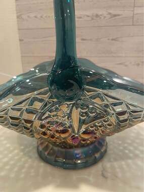 VTG Indiana Glass Company iridescent blue carnival glass basket